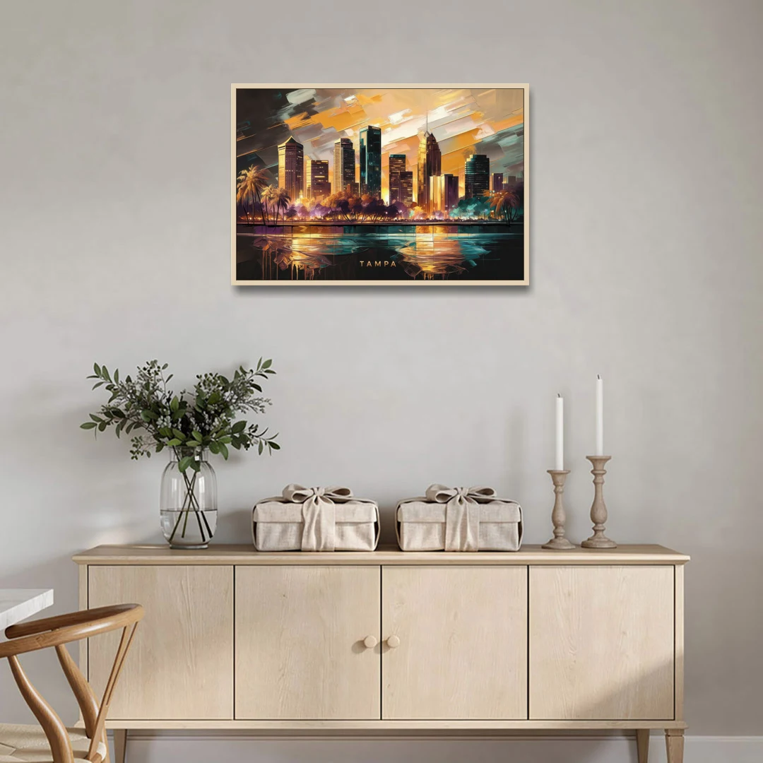 Tampa Modern Downtown View - Oak Framed Canvas Wall Art - Coffee Table - 36x24
