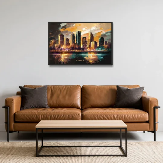 Tampa Modern Downtown View - Black Framed Canvas Wall Art - Sofa - 36x24