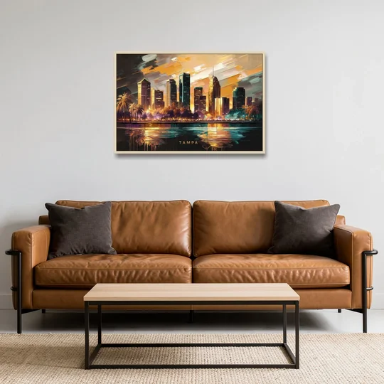 Tampa Modern Downtown View - Oak Framed Canvas Wall Art - Sofa - 36x24