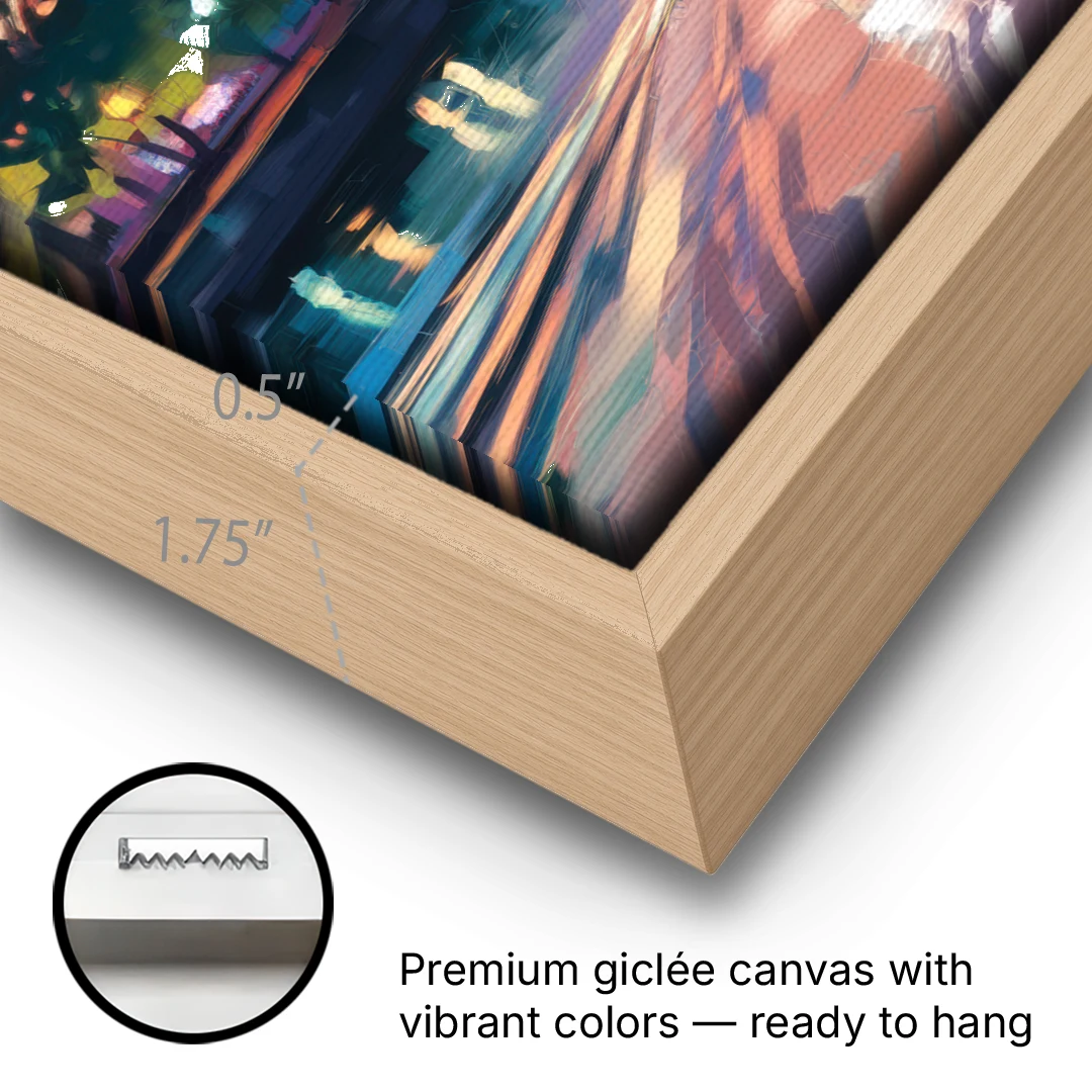 Tampa Riverwalk Evening Glow - Oak Framed Canvas Wall Art - Gallery Wrap Corner