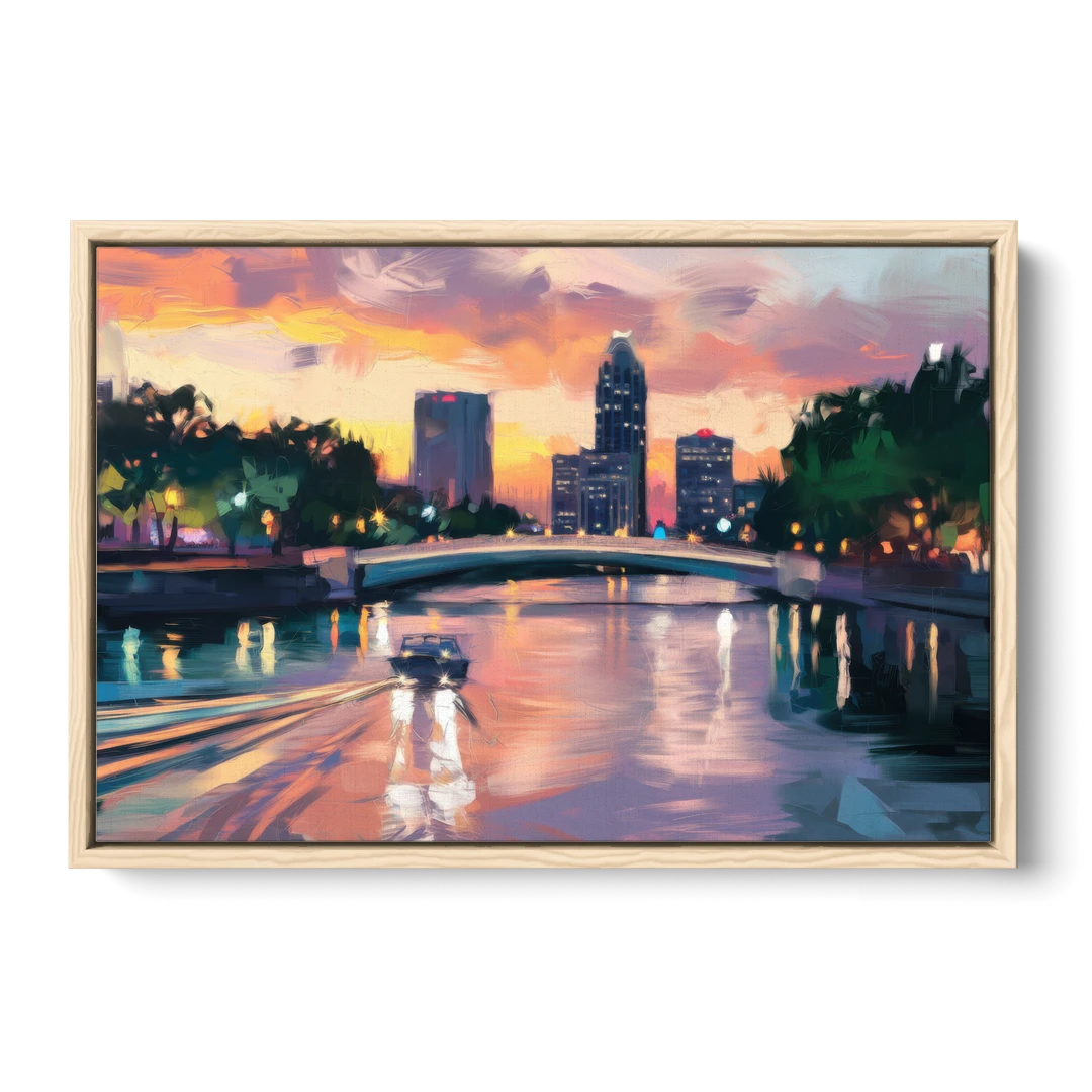Tampa Riverwalk Evening Glow - Oak Framed Canvas Wall Art - Front