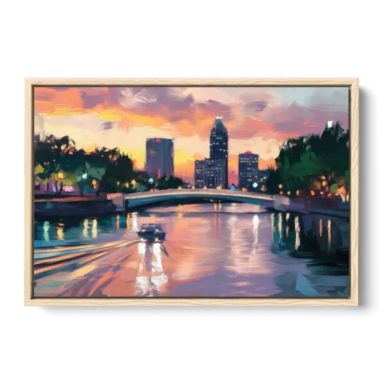 Tampa Riverwalk Evening Glow - Oak Framed Canvas Wall Art - Front