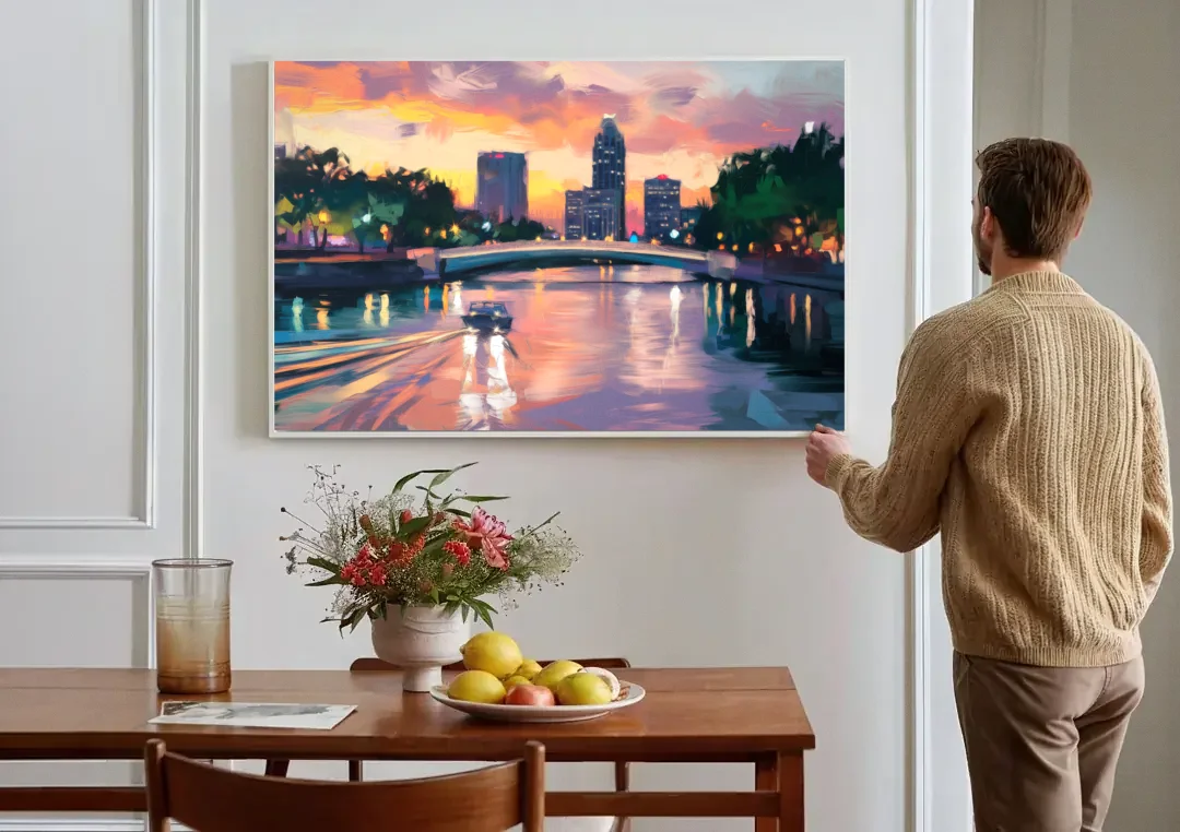 Tampa Riverwalk Evening Glow canvas wall art above a dining table