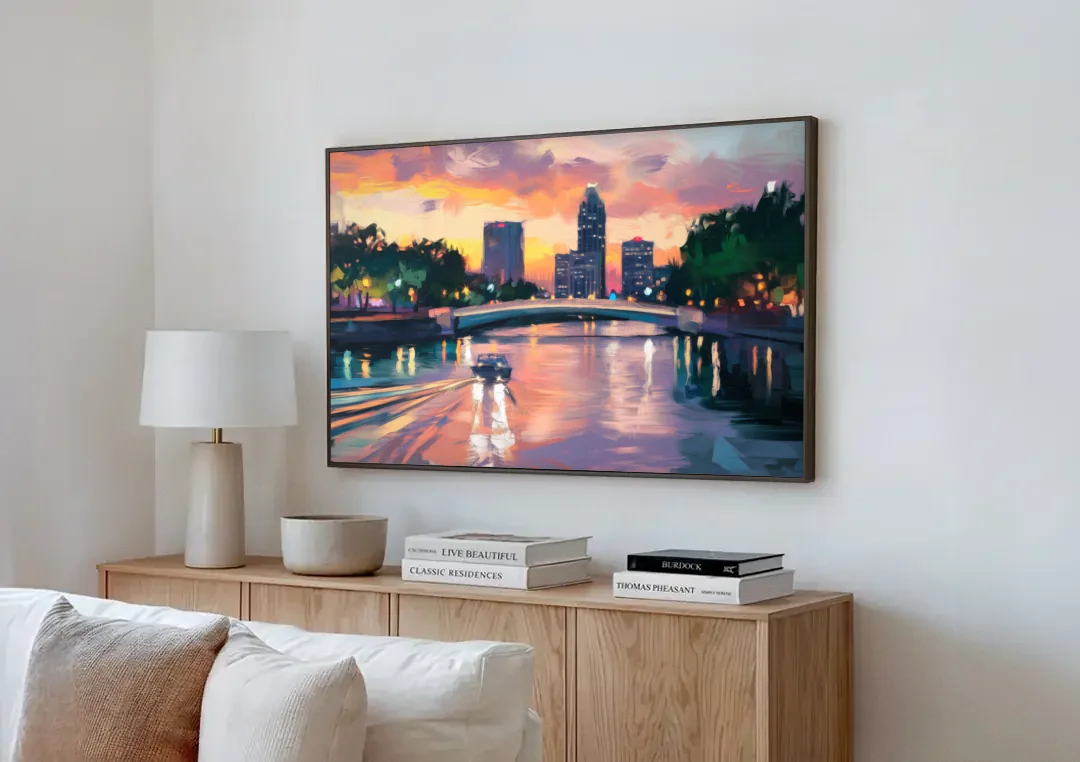 Tampa Riverwalk Evening Glow canvas wall art above a wooden sideboard next to a sofa
