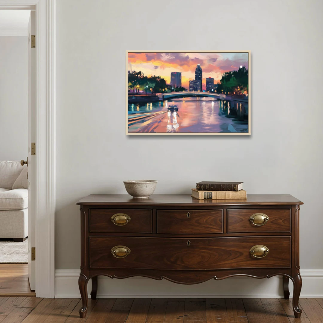 Tampa Riverwalk Evening Glow - Oak Framed Canvas Wall Art - Coffee Table - 36x24