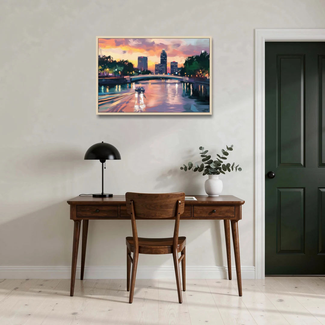 Tampa Riverwalk Evening Glow - Oak Framed Canvas Wall Art - Office - 36x24