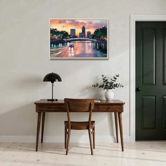 Tampa Riverwalk Evening Glow - Oak Framed Canvas Wall Art - Office - 36x24