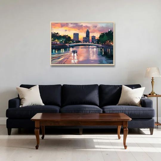 Tampa Riverwalk Evening Glow - Oak Framed Canvas Wall Art - Sofa - 36x24