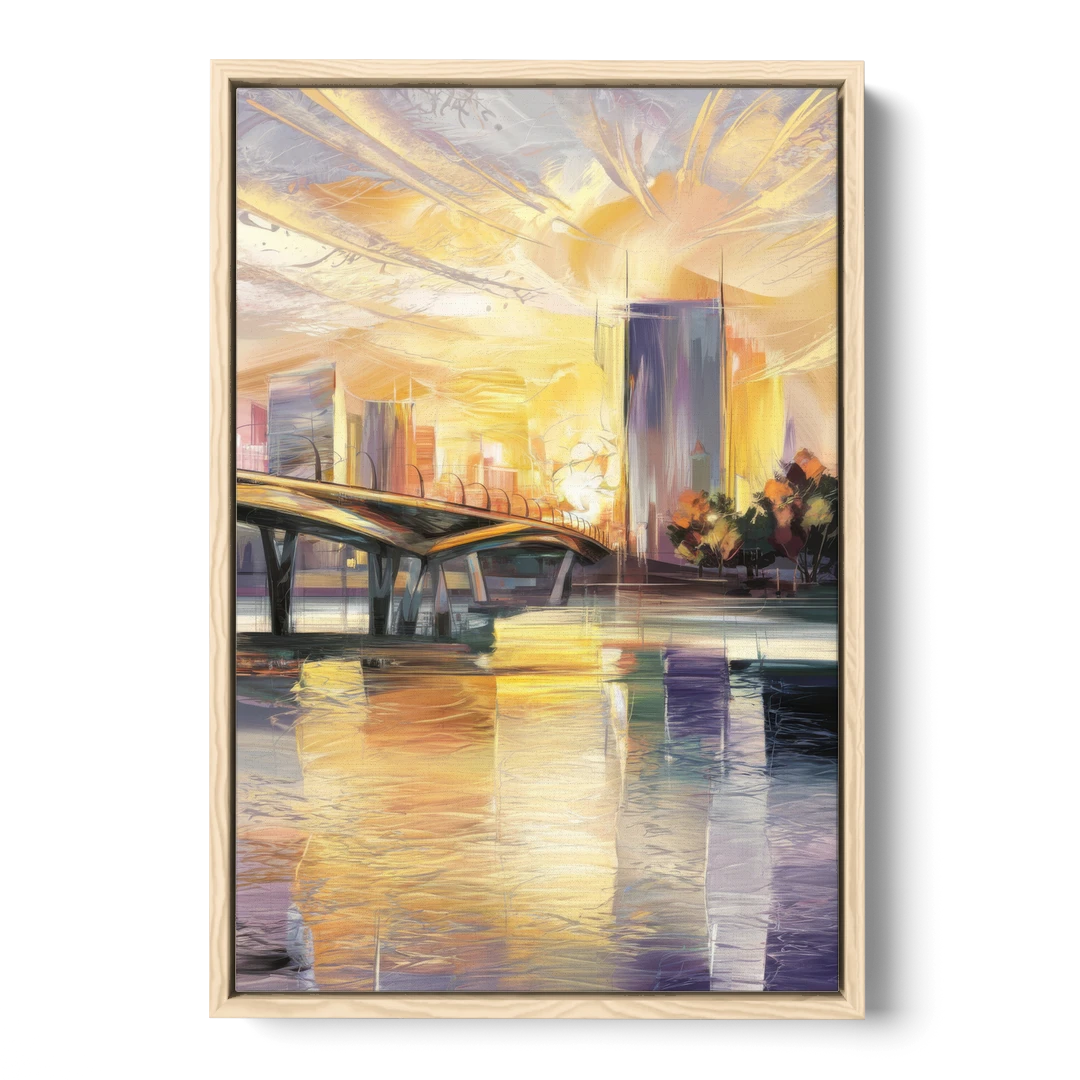 Tampa Riverwalk Sunrise - Oak Framed Canvas Wall Art - Front