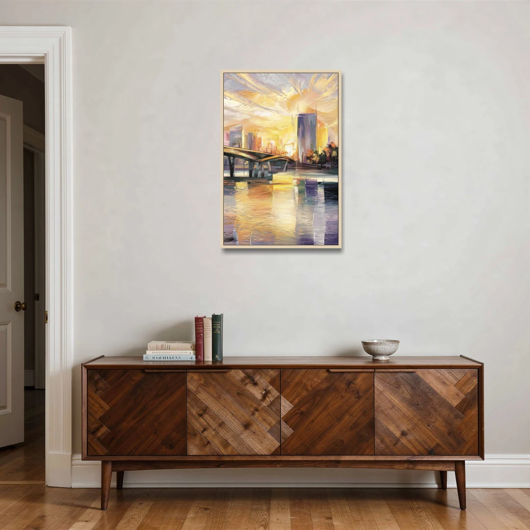 Tampa Riverwalk Sunrise - Oak Framed Canvas Wall Art - Coffee Table - 24x36