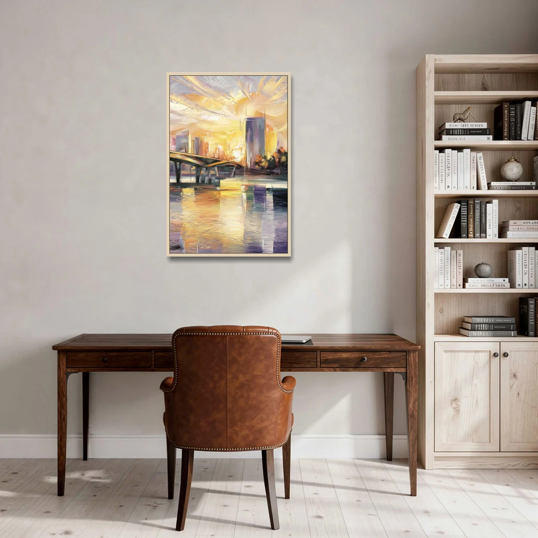Tampa Riverwalk Sunrise - Oak Framed Canvas Wall Art - Office - 24x36