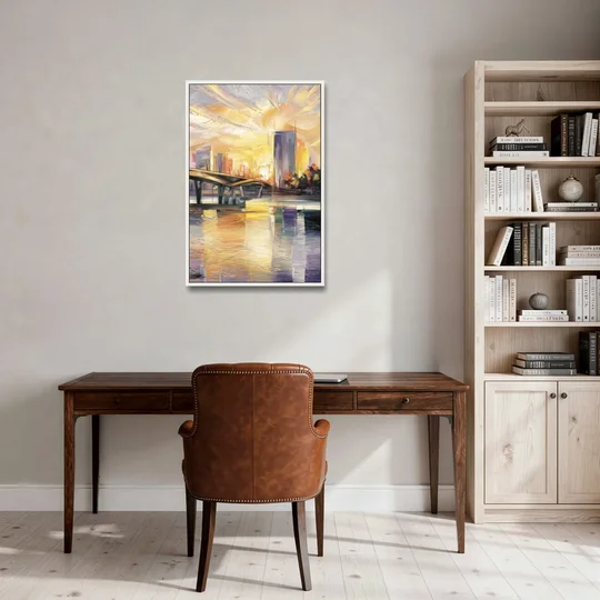 Tampa Riverwalk Sunrise - White Framed Canvas Wall Art - Office - 24x36