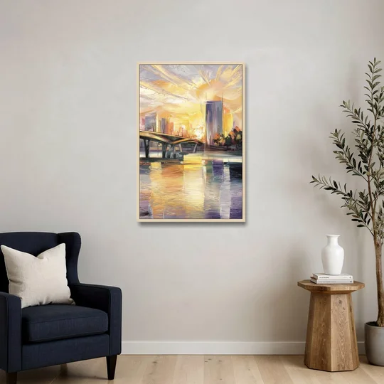 Tampa Riverwalk Sunrise - Oak Framed Canvas Wall Art - Sofa - 24x36
