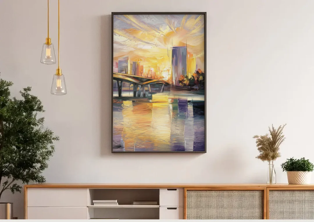 Tampa Riverwalk Sunrise canvas wall art above a wooden sideboard under pendant lights