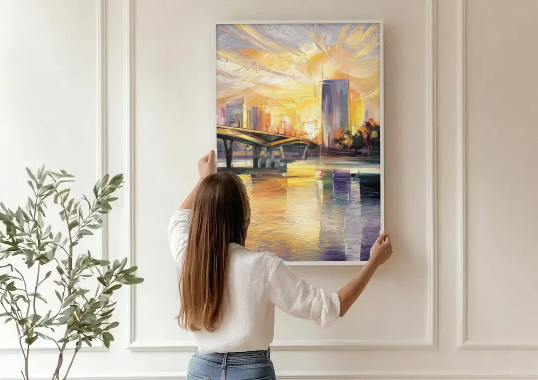 Tampa Riverwalk Sunrise canvas wall art being hung on a paneled wall