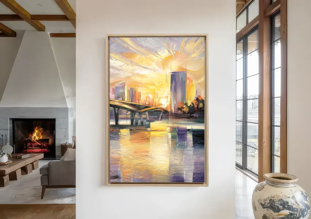 Tampa Riverwalk Sunrise canvas wall art in a living room with a fireplace