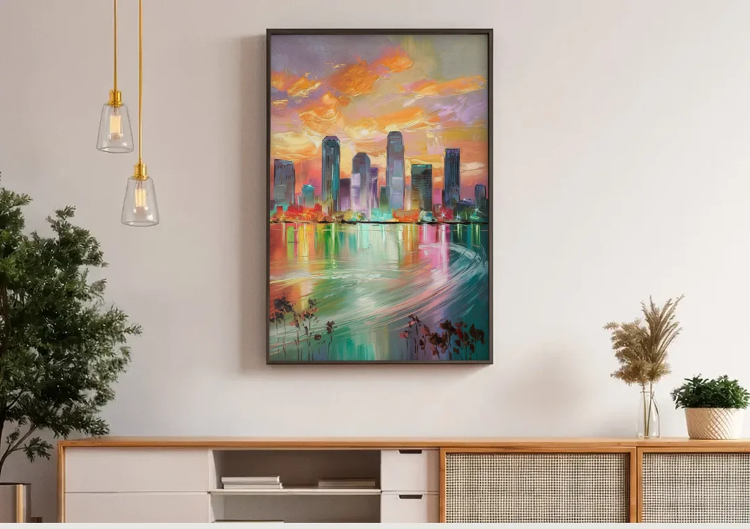 Tampa Skyline at Sunset canvas wall art above a wooden sideboard under pendant lights