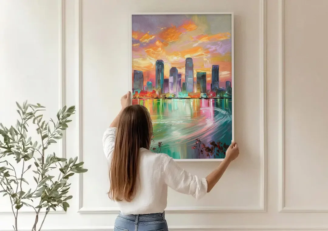 Tampa Skyline at Sunset canvas wall art being hung on a paneled wall