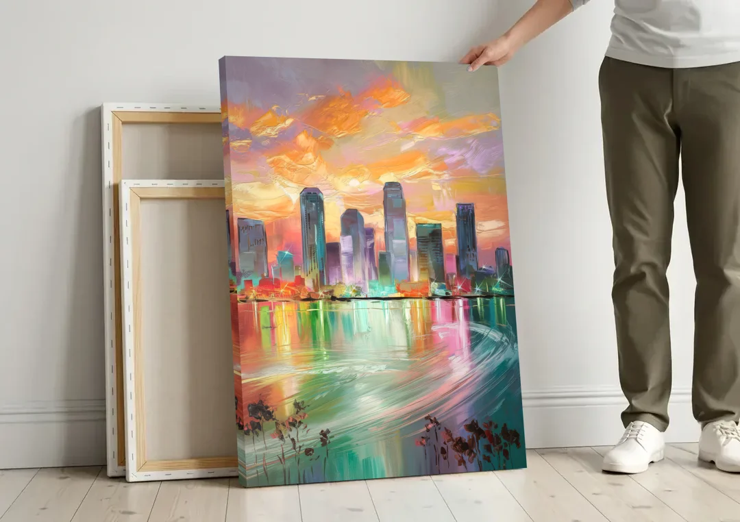 Tampa Skyline at Sunset canvas wall art leaning against a wall next to blank canvases