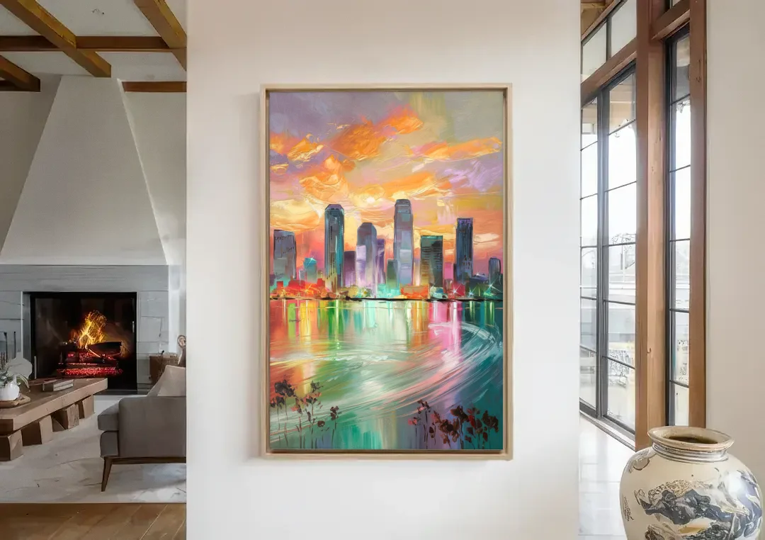 Tampa Skyline at Sunset canvas wall art in a living room with a fireplace