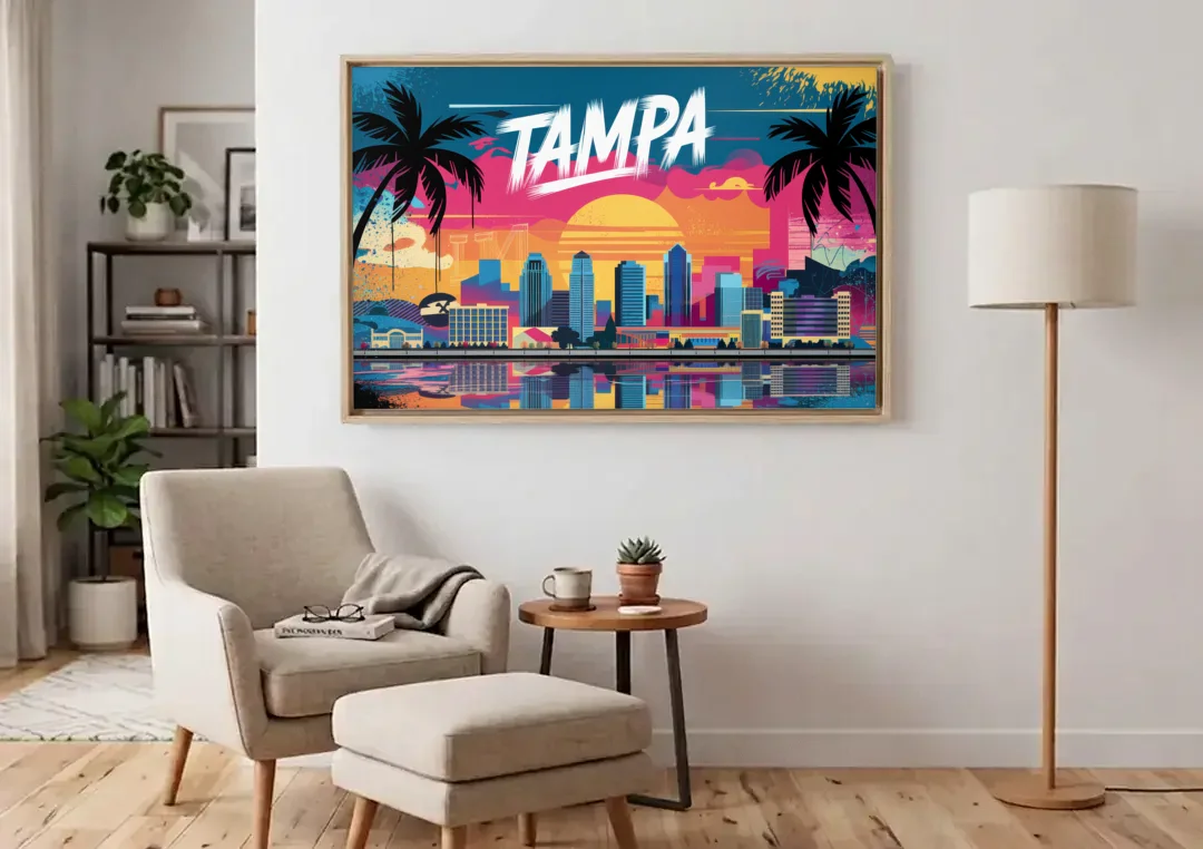 Tampa Urban Street Art Vibes canvas wall art above an armchair in a bright living room