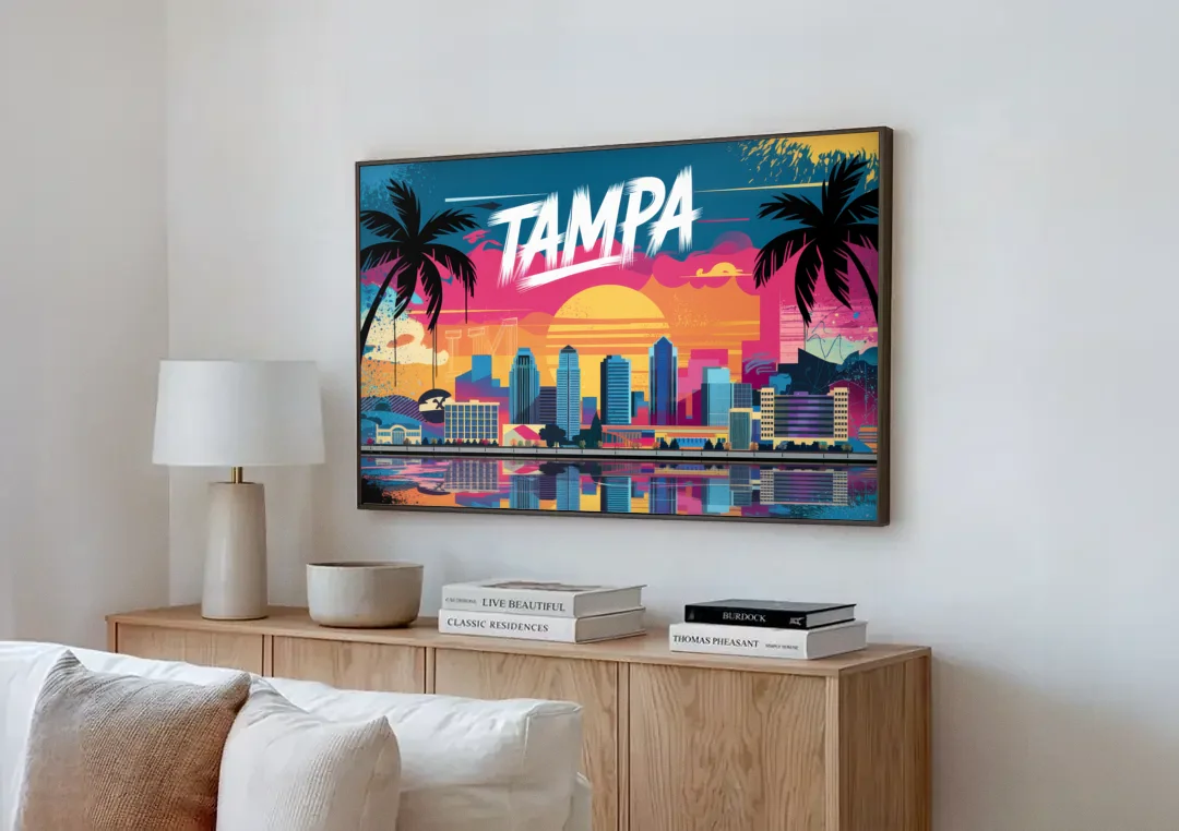 Tampa Urban Street Art Vibes canvas wall art above a wooden sideboard next to a sofa