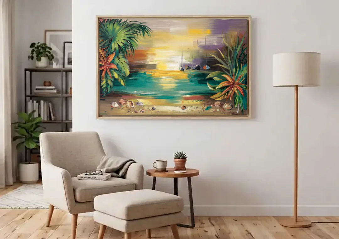 Tampa Waterfront Serenity canvas wall art above an armchair in a bright living room