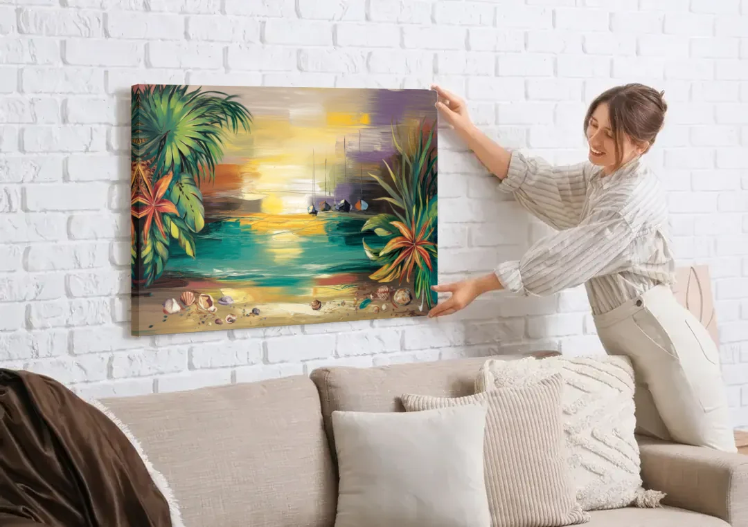 Tampa Waterfront Serenity canvas wall art being hung on a white brick wall above a sofa