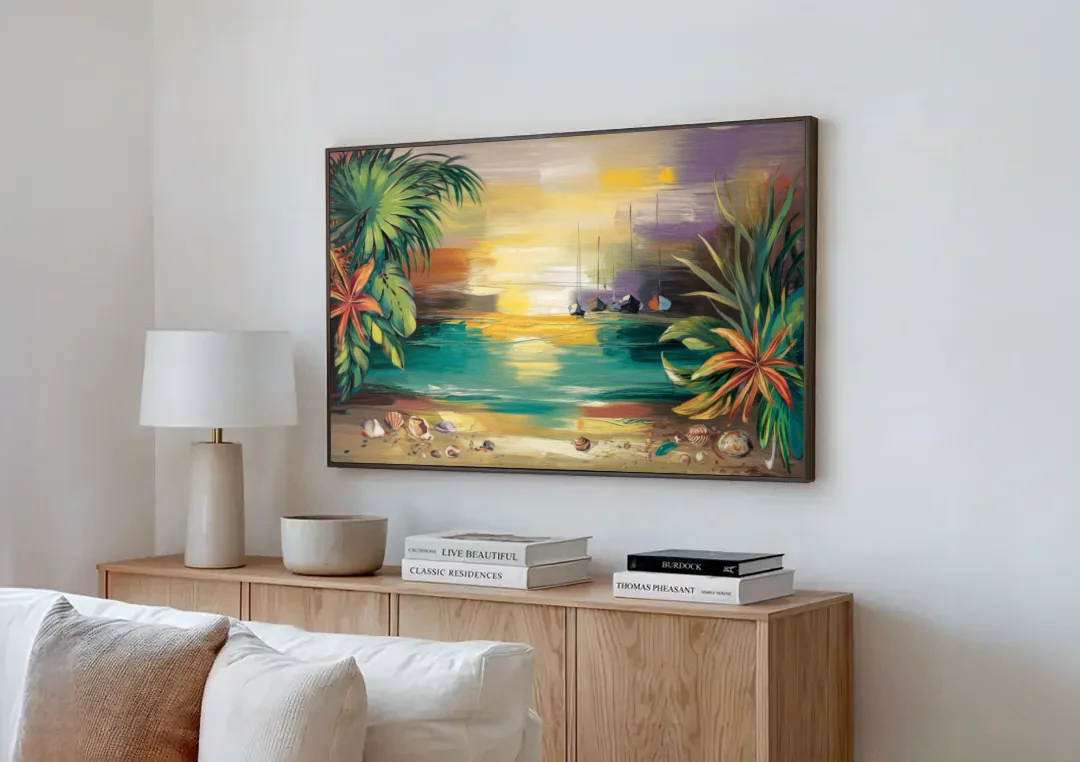 Tampa Waterfront Serenity canvas wall art above a wooden sideboard next to a sofa