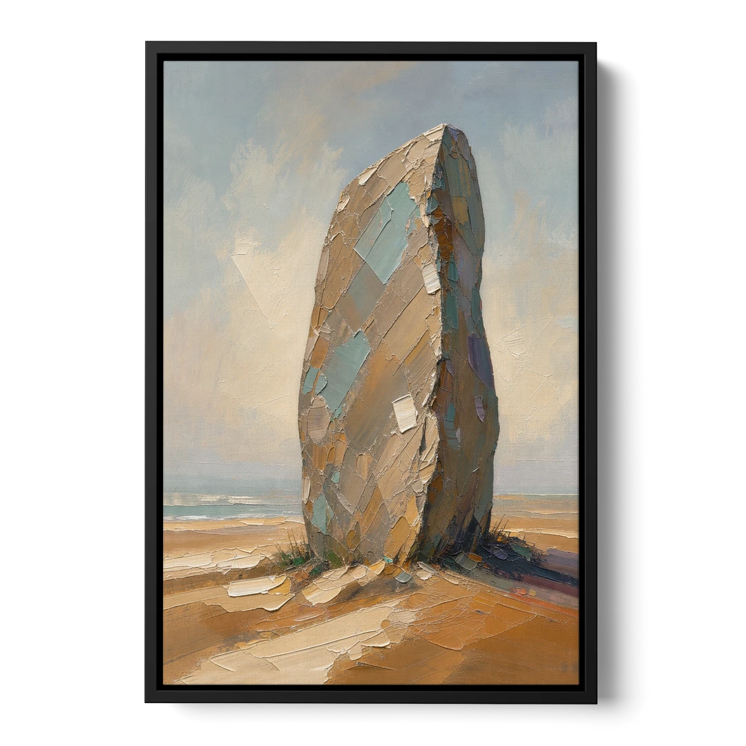 Taupe Abstract Weathered Standing Stone - Black Framed Canvas Wall Art - Front