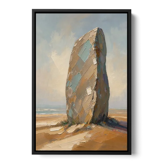 Taupe Abstract Weathered Standing Stone - Black Framed Canvas Wall Art - Front