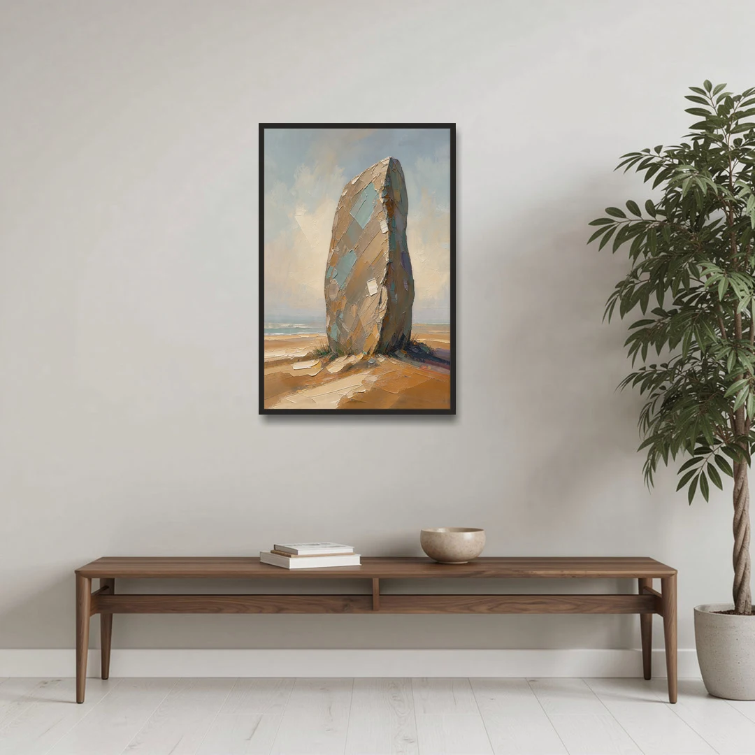 Taupe Abstract Weathered Standing Stone - Black Framed Canvas Wall Art - Coffee Table - 24x36