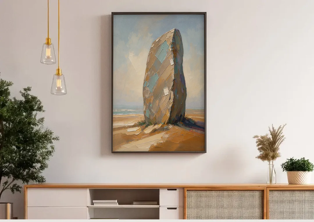 Taupe Abstract Weathered Standing Stone canvas wall art above a wooden sideboard under pendant lights