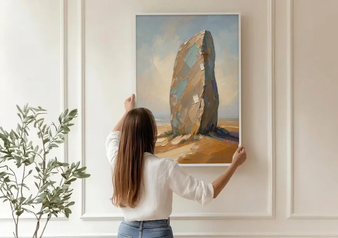 Taupe Abstract Weathered Standing Stone canvas wall art being hung on a paneled wall