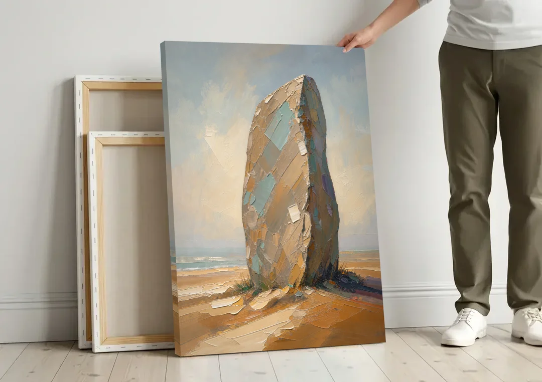 Taupe Abstract Weathered Standing Stone canvas wall art leaning against a wall next to blank canvases