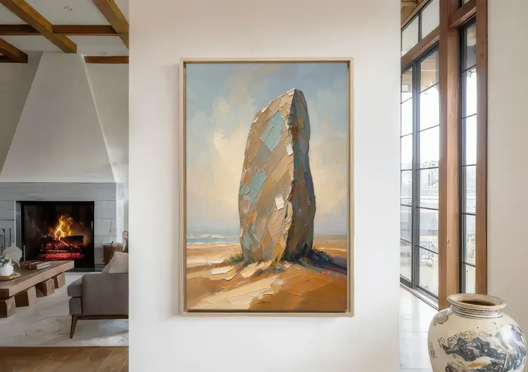 Taupe Abstract Weathered Standing Stone canvas wall art in a living room with a fireplace