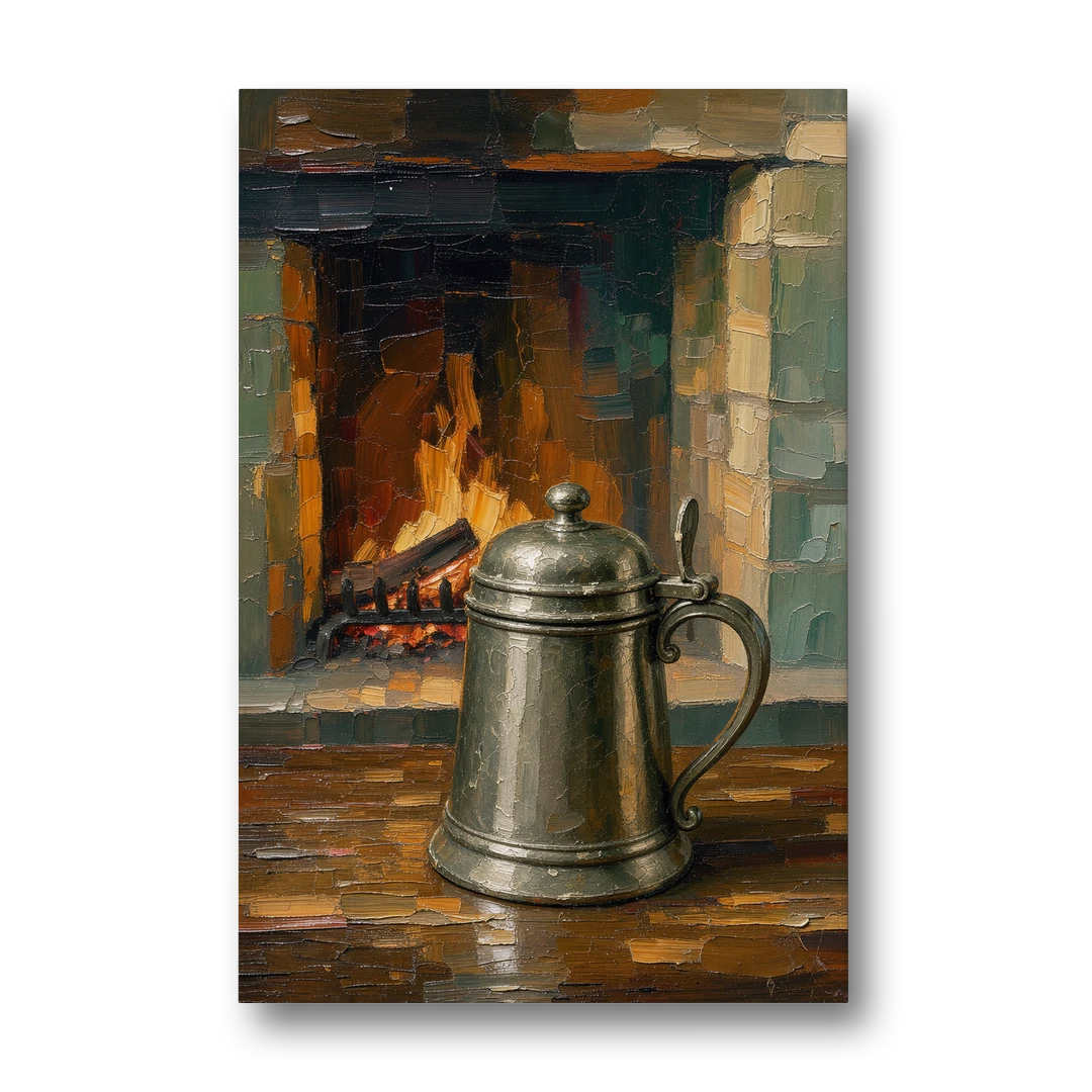 Tavern Painting of a Pewter Tankard by the Hearth - Canvas Wall Art - Front