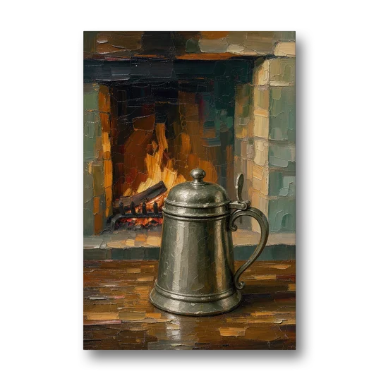 Tavern Painting of a Pewter Tankard by the Hearth - Canvas Wall Art - Front