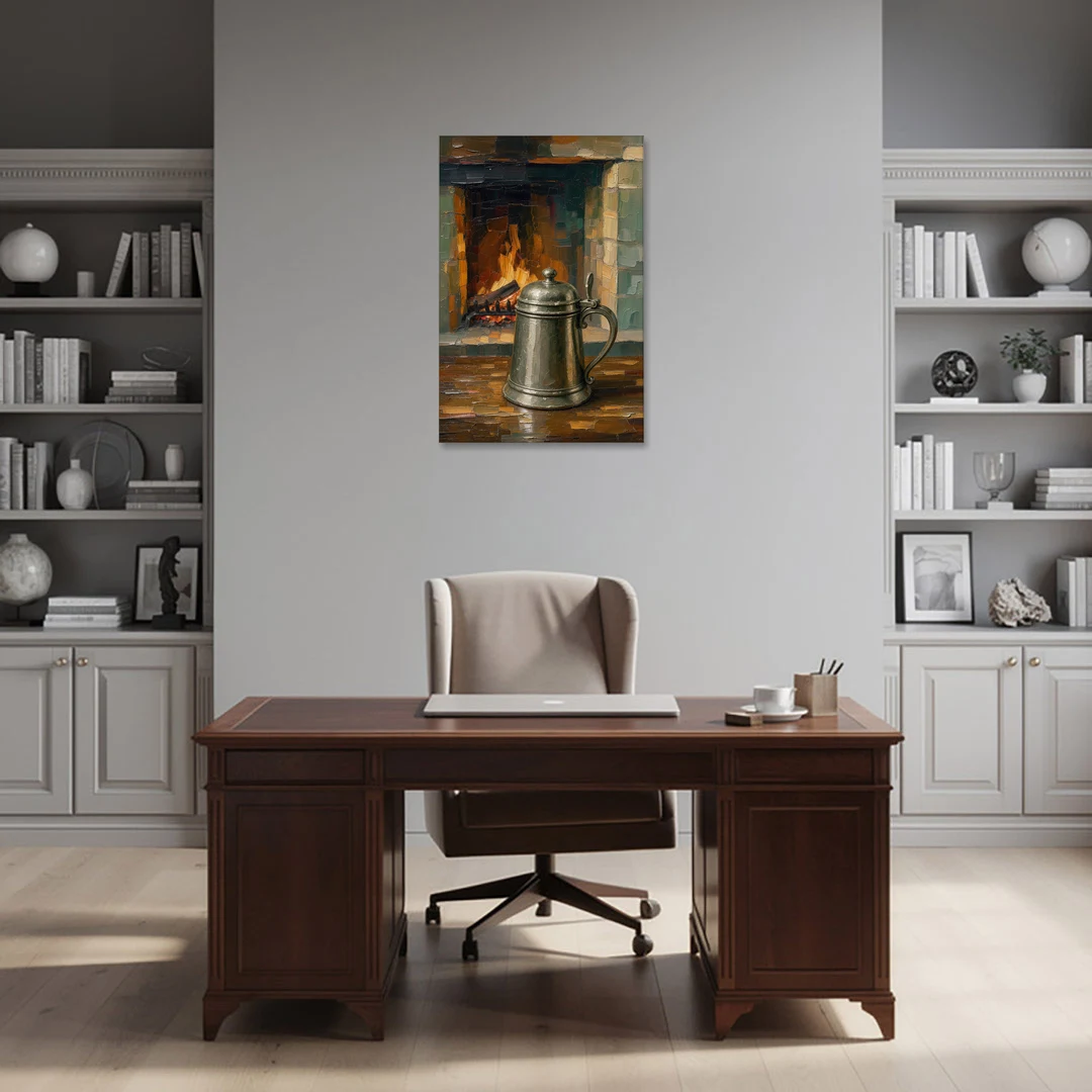 Tavern Painting of a Pewter Tankard by the Hearth - Canvas Wall Art - Office - 24x36