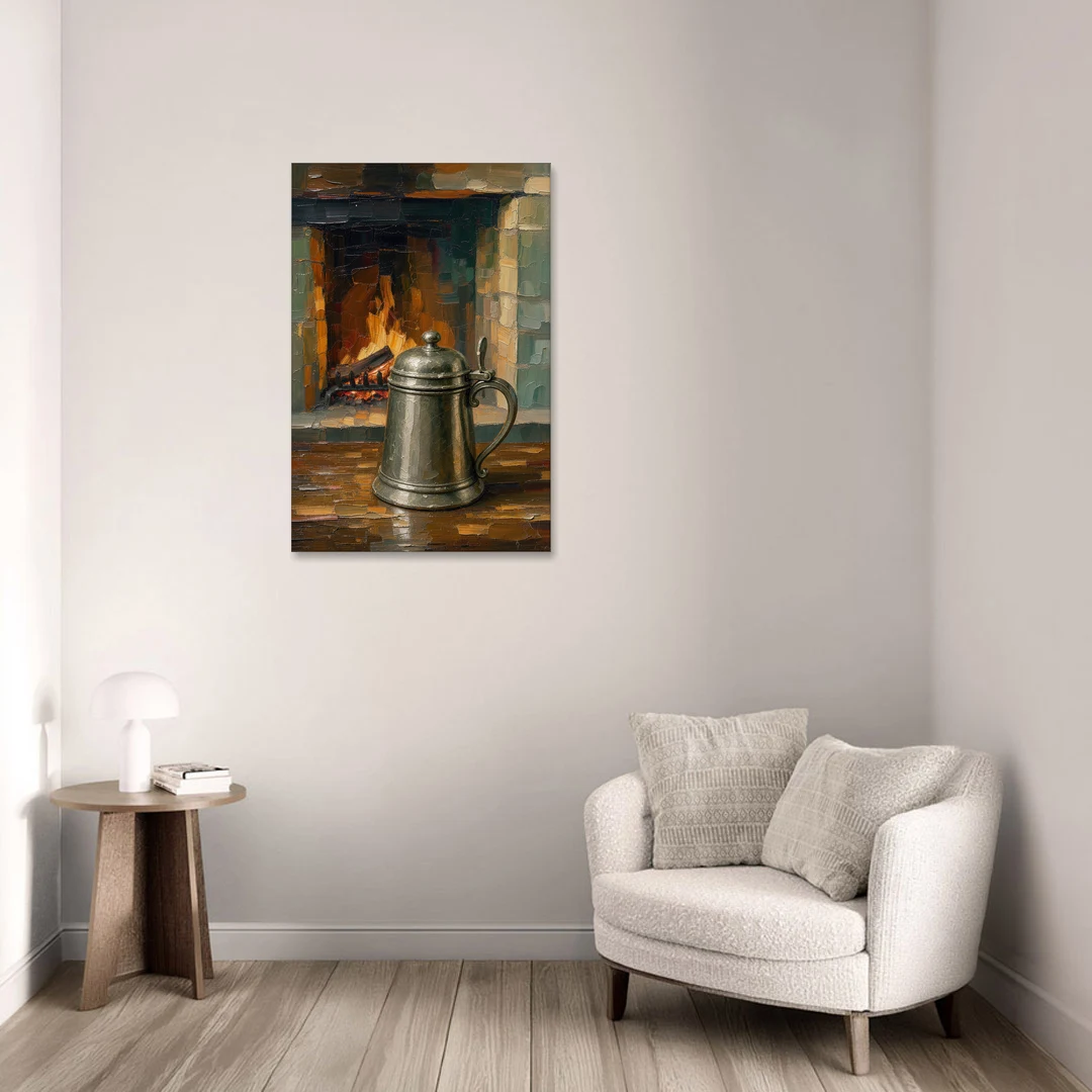 Tavern Painting of a Pewter Tankard by the Hearth - Canvas Wall Art - Sofa - 24x36