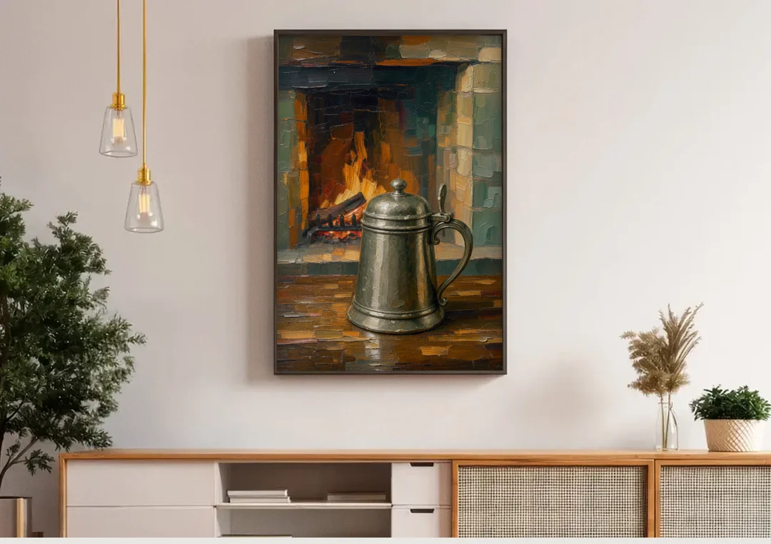 Tavern Painting of a Pewter Tankard by the Hearth canvas wall art above a wooden sideboard under pendant lights