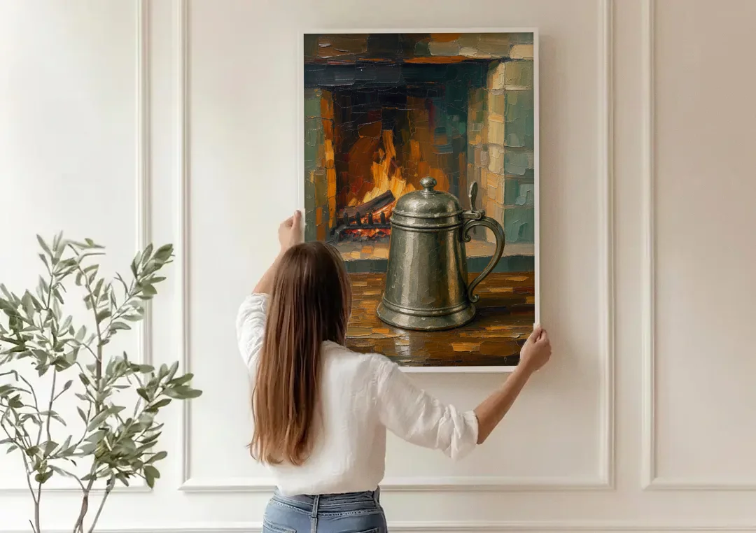 Tavern Painting of a Pewter Tankard by the Hearth canvas wall art being hung on a paneled wall