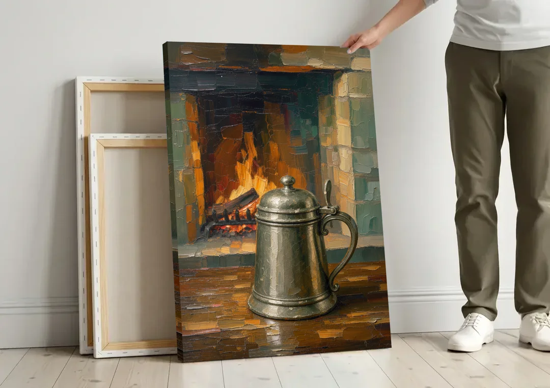Tavern Painting of a Pewter Tankard by the Hearth canvas wall art leaning against a wall next to blank canvases