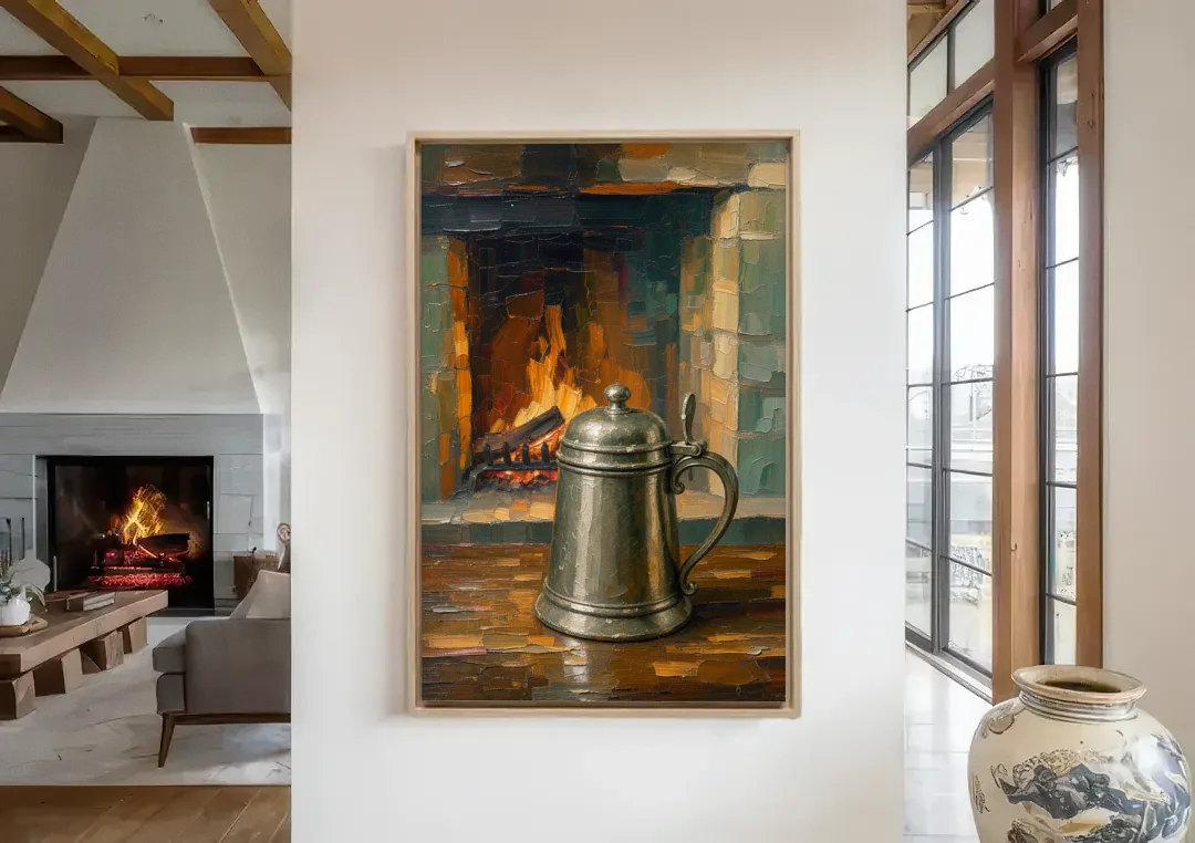 Tavern Painting of a Pewter Tankard by the Hearth canvas wall art in a living room with a fireplace
