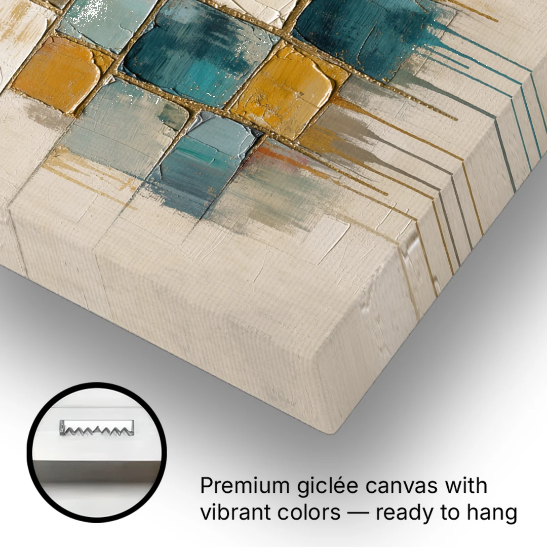Teal and Cream Tile Grid with Gold Seams - Canvas Wall Art - Gallery Wrap Corner