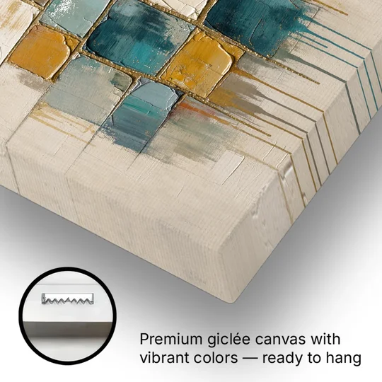 Teal and Cream Tile Grid with Gold Seams - Canvas Wall Art - Gallery Wrap Corner