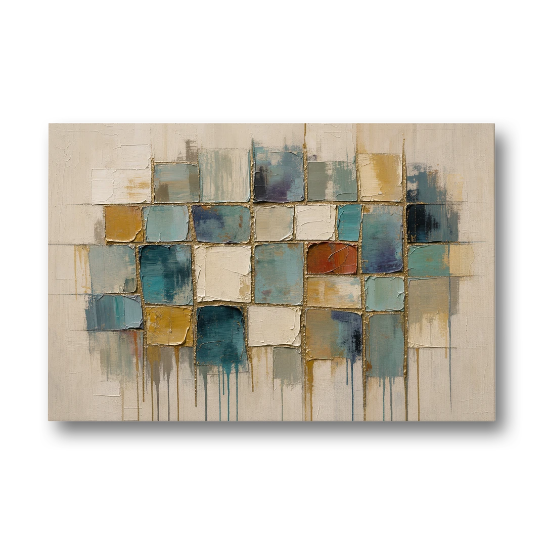Teal and Cream Tile Grid with Gold Seams - Canvas Wall Art - Front