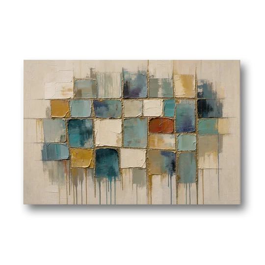 Teal and Cream Tile Grid with Gold Seams - Canvas Wall Art - Front