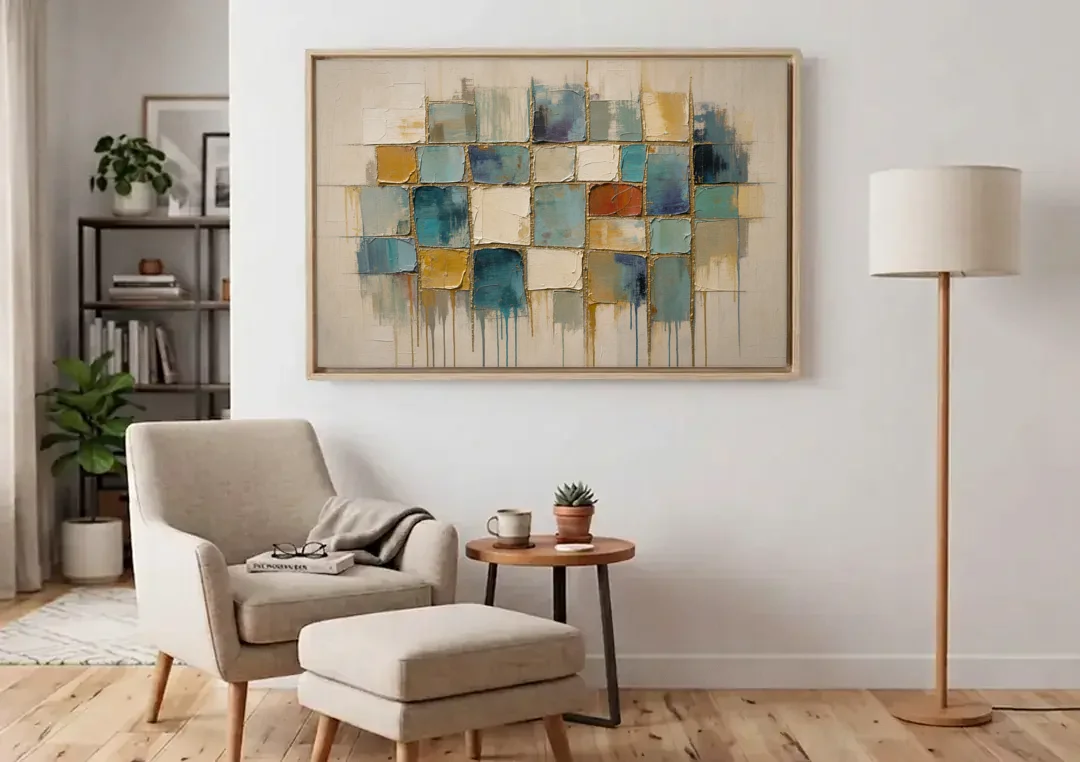 Teal and Cream Tile Grid with Gold Seams canvas wall art above an armchair in a bright living room