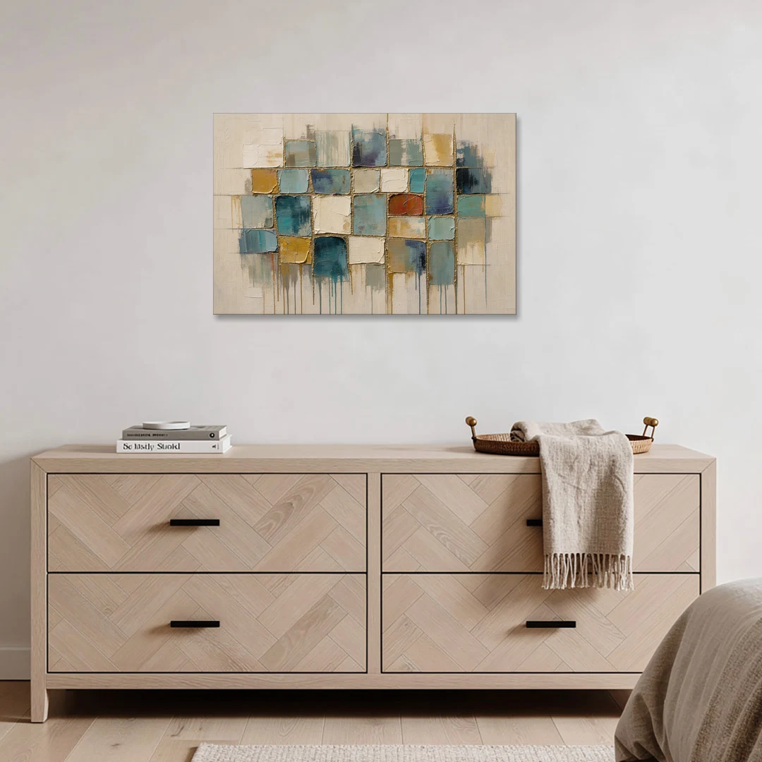 Teal and Cream Tile Grid with Gold Seams - Canvas Wall Art - Coffee Table - 36x24